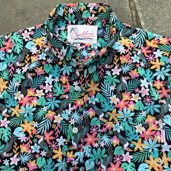 Chubbies Mens Medium Button Down Polo Tropical Toucan Colorful Bloomerang - Picture 1 of 11